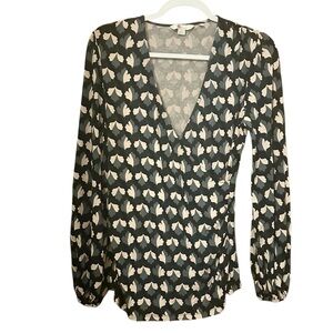 Boden Black Wrap Blouse with Cream Leaf Motif